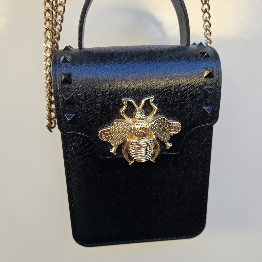 Black Leather Bag with Gold Bee Accent